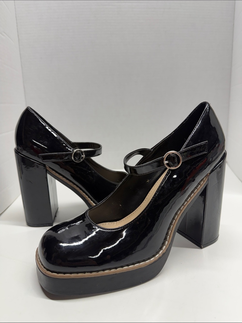 Steve Madden Tomain Mary Jane Platform Pump Heels Faux Patent Leather Black 8.5